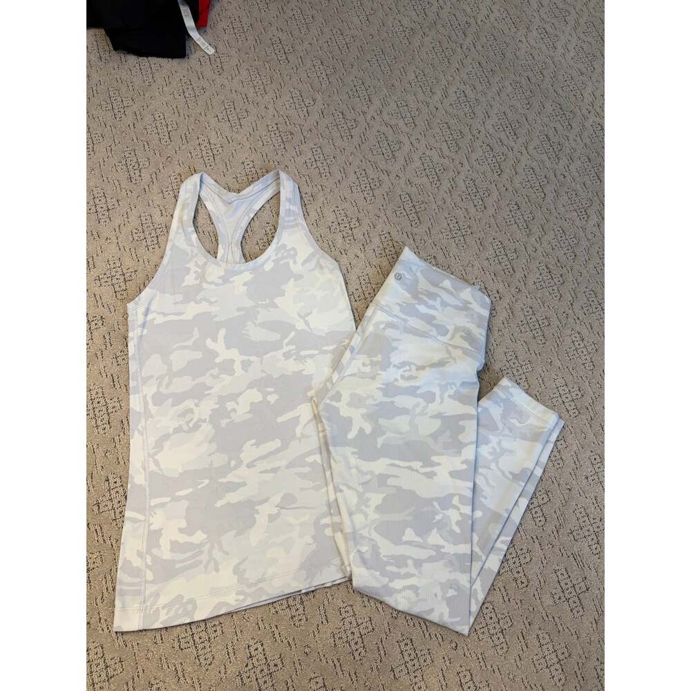 Lululemon Light Camo Racerback Tank and High-Rise Leggings Set Size 8 Blue White